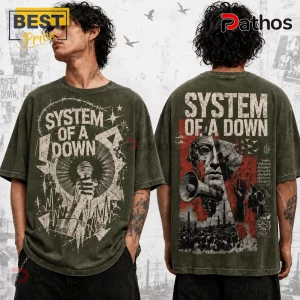 System of a Down Alternative Metal Charcoal T-Shirt with graphic microphone print on front and band art on the back.