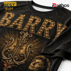 Barry Manilow The Showman of Song Gold Portrait T-Shirt featuring metallic marquee letters and a gold ornamental motif.