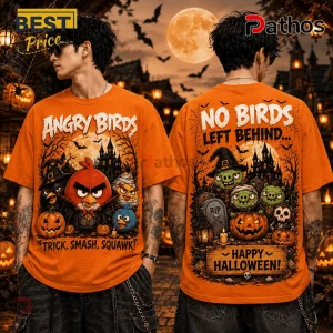 Angry Birds Character Halloween Orange T-Shirt 2026 featuring Red and Green Pigs in a spooky haunted house forest theme.