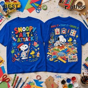 Snoopy Art Attack Royal Blue T-Shirt front and back views featuring Snoopy painting and art supplies on a wooden surface.
