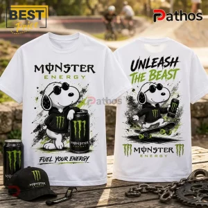 Monster Energy x Snoopy Unleash The Beast T-Shirt featuring Snoopy in a hoodie with an energy drink on a white cotton tee.