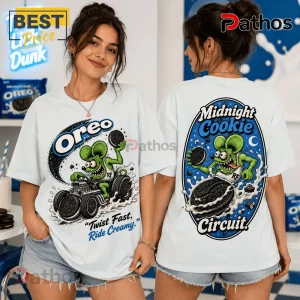 Oreo Rat Fink Midnight Cookie Circuit white t-shirt featuring green cartoon mouse art and milk splash graphic design.