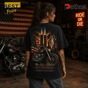 Biker 9/11 25th Anniversary Motorcycle Black T-Shirt showing Twin Towers, Statue of Liberty, and American flag graphic.