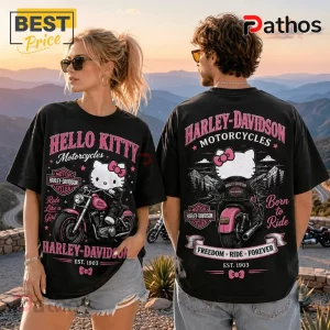Hello Kitty x Harley-Davidson Born to Ride T-Shirt featuring a pink motorcycle graphic on a black cotton crew neck shirt.