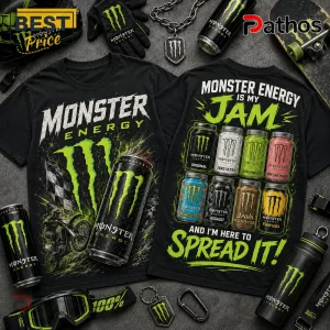 Monster Energy Is My Jam Flavors Black T-Shirt featuring various beverage can graphics and motocross imagery on black fabric.