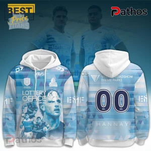 Gold Coast Titans Jai Arrow light blue hoodie featuring NRL team branding, player graphics, and sponsorship logos.