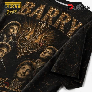 Barry Manilow The Showman of Song Gold Portrait T-Shirt features vintage musician portraits and marquee lettering on black.
