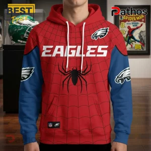 Philadelphia Eagles Spider-Man Brand New Day hoodie in red and blue with black web patterns and NFL team logos.