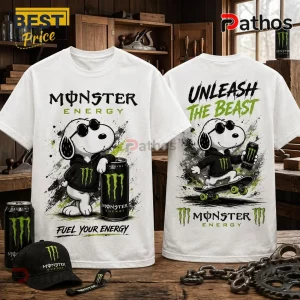 Monster Energy x Snoopy Unleash The Beast T-Shirt featuring Snoopy in sunglasses with a Monster can on white fabric.
