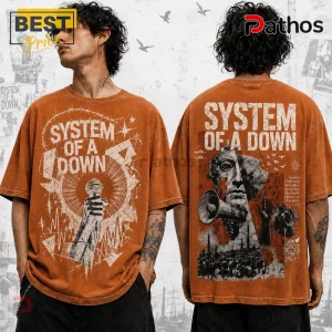 System of a Down Alternative Metal Charcoal T-Shirt featuring distressed orange fabric, front microphone, and back graphics.