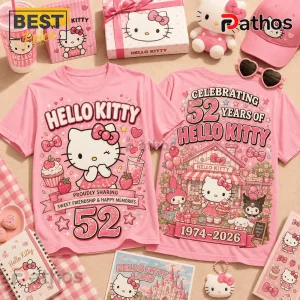 Hello Kitty 52nd Anniversary Pink T-Shirt featuring graphic prints of the character, strawberries, and a 52 year milestone.