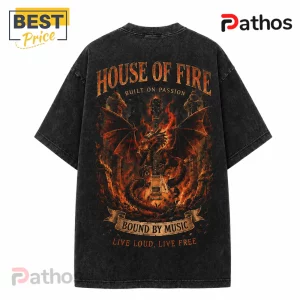 House of Fire Rock and Roll Dragon Black T-Shirt 3 House of Fire Rock and Roll Dragon Black T-Shirt with an orange flaming electric guitar graphic and gothic text on back.