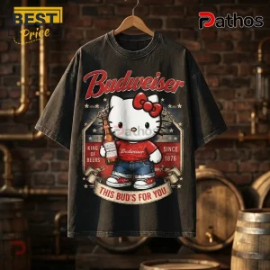 Hello Kitty Budweiser King of Beers Black T-Shirt 1 Hello Kitty Budweiser King of Beers black T-shirt featuring a vintage print of Hello Kitty holding a beer bottle.