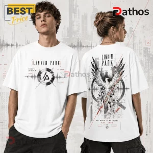 Linkin Park Nu Metal Phoenix Black T-Shirt 2 Linkin Park Nu Metal Phoenix white t-shirt featuring band name, phoenix graphic, coordinates, and geometric design elements.