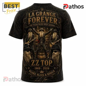ZZ Top La Grange 1969-2026 Tribute T-Shirt featuring a band graphic, gold text, and weathered black marble-pattern fabric.