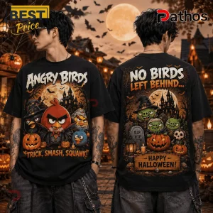 Angry Birds Character Halloween Orange T-Shirt 2026 showing Red and green pig graphic print on black cotton fabric.
