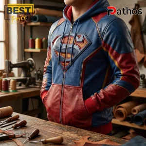Superman Logo Premium Faux Leather Hoodie 3 Superman Logo Premium Faux Leather Hoodie featuring a blue and red color scheme in a professional tailoring workshop.