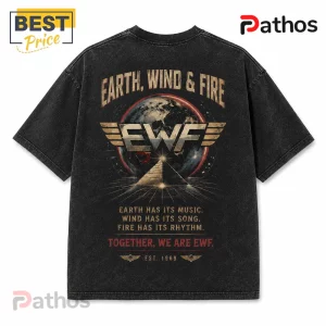 Earth, Wind & Fire Band Music Black T-Shirt with vintage graphic of a globe, pyramid, and metallic wings on the back.