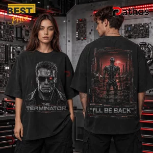 The Terminator Premium Black Shirt 2 The Terminator Premium Black Shirt featuring a front T-800 portrait and back graphic of the cyborg in a red wasteland.