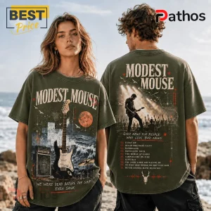 Modest Mouse Good News for People Who Love Bad News Shirt 2 Modest Mouse Good News for People Who Love Bad News shirt featuring band graphics, concert imagery, and track list on olive.