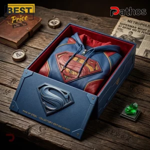 Superman Logo Premium Faux Leather Hoodie 2 Superman Logo Premium Faux Leather Hoodie featuring a blue and red chest emblem inside a branded collector display box.