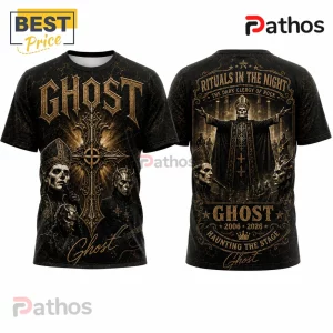 Ghost Dark Clergy 2006-2026 Anniversary T-Shirt featuring gold Gothic typography, Papa Emeritus imagery, and cross motifs.