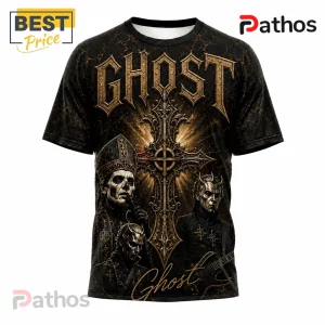 Ghost Dark Clergy 2006-2026 Anniversary T-Shirt featuring band members, golden cross, and ornate dark aesthetic graphics.