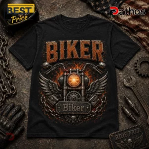 Biker 9/11 25th Anniversary Motorcycle Black T-Shirt featuring a flaming engine, eagle wings, and metallic chain graphics.