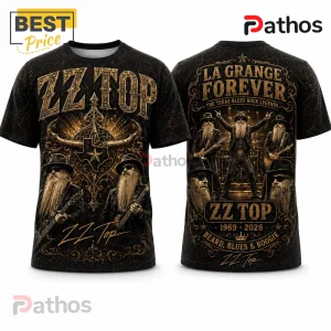 ZZ Top La Grange 1969-2026 Tribute T-Shirt featuring band members with long beards and guitars in gold and black graphics.