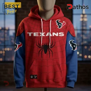 Houston Texans Spider-Man Brand New Day Red Hoodie 1 Houston Texans Spider-Man Brand New Day red hoodie with blue sleeves, web patterns, and team logos on a mannequin.