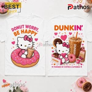 Hello Kitty Dunkin Donuts Coffee Lover T-Shirt displaying pink donuts, iced coffee, and Sanrio character graphics on white.