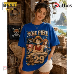 One Piece 1997-2026 Anniversary Blue T-Shirt 3 One Piece 1997-2026 Anniversary Blue T-Shirt featuring Luffy, Nami, and Chopper graphics with gold lettering.