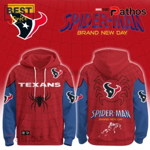 Houston Texans Spider-Man Brand New Day red hoodie with blue sleeves and black spider web graphics on a red background.