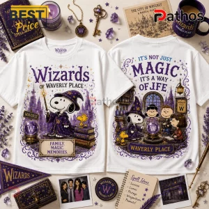 Snoopy x Wizards of Waverly Place Magic T-Shirt showing front and back designs with Snoopy, Woodstock, and wizard motifs.