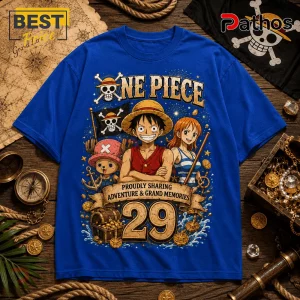 One Piece 1997-2026 Anniversary Edition T-Shirt featuring Luffy, Nami, and Chopper on a royal blue cotton background.