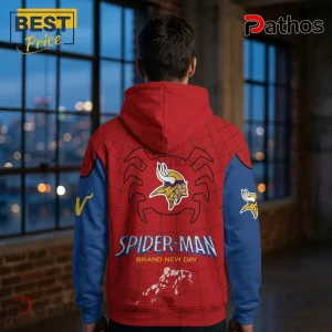 Minnesota Vikings x Spider-Man Brand New Day Hoodie 2 Minnesota Vikings x Spider-Man Brand New Day Hoodie featuring a red and blue web pattern, team logo, and back graphic.