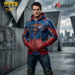 Superman Logo Premium Faux Leather Hoodie 4 Superman Logo Premium Faux Leather Hoodie in blue and red featuring a central emblem, zip-up front, and ribbed waist.