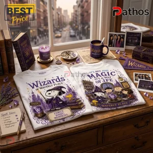 Snoopy x Wizards of Waverly Place Magic T-Shirt duo featuring Snoopy in wizard robes on white cotton fabric.