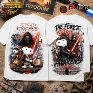 Snoopy Jedi x Kylo Ren Star Wars The Force Awakens T-Shirt 4 Snoopy Jedi x Kylo Ren Star Wars The Force Awakens T-Shirt featuring Snoopy in a Jedi robe and as Kylo Ren on white cotton.