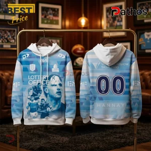 Gold Coast Titans Jai Arrow light blue hoodie showing player graphics, team branding, and a large 00 on the back.