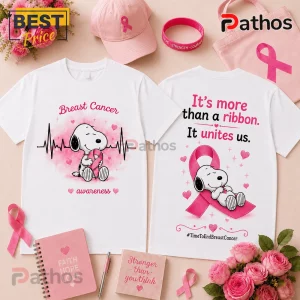 Snoopy Breast Cancer Awareness Heartbeat T-Shirt set featuring pink ribbons, Snoopy illustrations, and inspirational quotes.