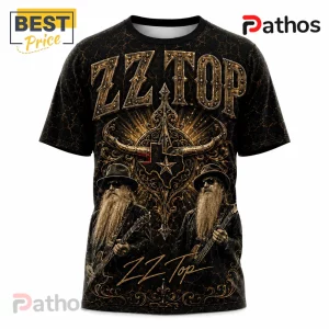ZZ Top La Grange 1969-2026 Tribute T-Shirt featuring band members with long beards and guitars on a black patterned background.