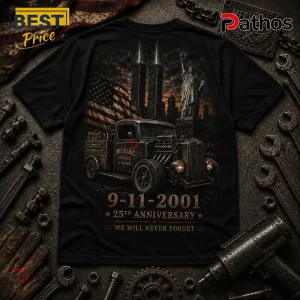 Mechanic 9-11 Memorial We Will Never Forget Black T-Shirt 2 Mechanic 9-11 Memorial We Will Never Forget black T-shirt featuring a classic service truck, Statue of Liberty, and towers.