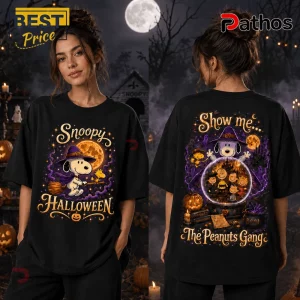 The Peanuts Gang Snoopy Halloween black t-shirt featuring Snoopy as a wizard with Woodstock and a crystal ball graphic.