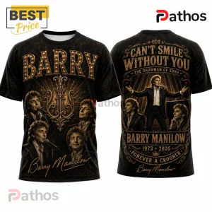 Barry Manilow The Showman of Song Gold Portrait T-Shirt featuring collage photos, golden typography, and black fabric base.
