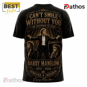 Barry Manilow The Showman of Song Gold Portrait T-Shirt featuring three images of the singer in gold on black fabric.