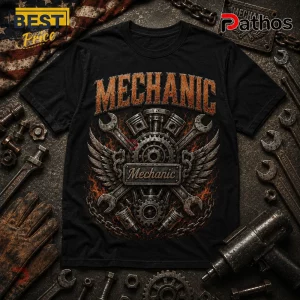 Mechanic 9-11 Memorial We Will Never Forget Black T-Shirt 1 Mechanic 9-11 Memorial We Will Never Forget black T-shirt featuring winged gears, piston, and wrench graphics on front.