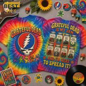 Grateful Dead Songs Mason Jar Tie-Dye T-Shirt featuring a stealie logo, dancing bears, and lyric-themed mason jars.