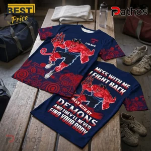 Melbourne Football Club Personalized Demon Mascot T-Shirt with red mascot graphics and custom text on a navy blue fabric.