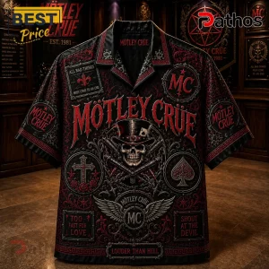 Motley Crue Black Red Skull Hawaiian Shirt 2026 4 Motley Crue Black Red Skull Hawaiian Shirt 2026 featuring band logos, top hats, crosses, and playing card motifs in dark red.